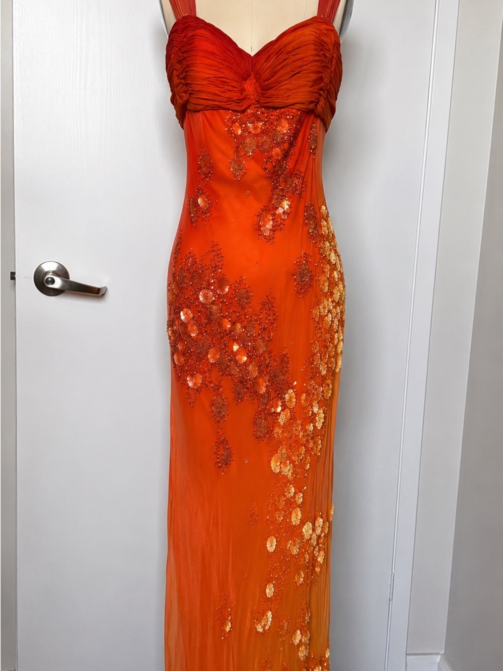 Hand-Embellished Orange Sequin Maxi Dress